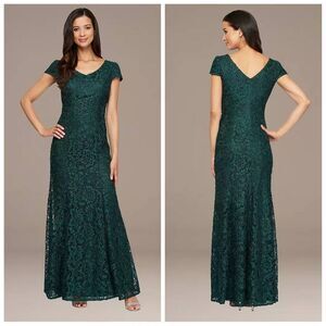 Alex Evenings Green Lace Beaded V-Neck Gown Size 14 | Elegant Formal Maxi Dress